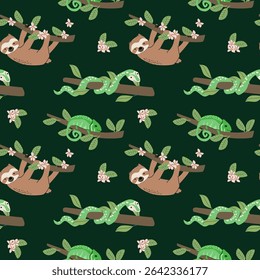 Tropical animals pattern with sloths and chameleons for fabric design or wallpaper.