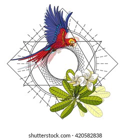 Tropical animals and plants background with sacred geometry symbol. Vector illustration. 