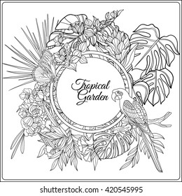 Tropical animals and plants composition with space for text. This illustration can be used for adult coloring book. Vector illustration.