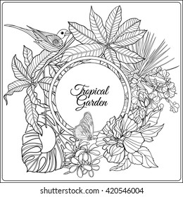 Tropical animals and plants composition with space for text. This illustration can be used for adult coloring book. Vector illustration.