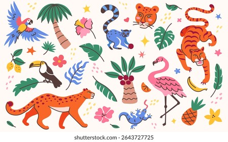 Tropical animals and plants doodles. Jungle wildlife cartoon tiger, leopard, parrot, toucan, flamingo and monkey, exotic palm trees, monstera leaves and flowers. Exotic vector illustration set.