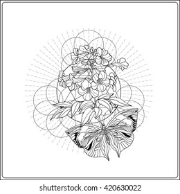 Tropical animals and plants on background with sacred geometry symbol. Outline drawing. Vector illustration. Good for adult coloring book