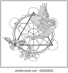Tropical animals and plants on background with sacred geometry symbol. Outline drawing. Vector illustration. Good for adult coloring book