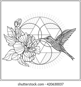 Tropical animals and plants on background with sacred geometry symbol. Outline drawing. Vector illustration. Good for adult coloring book