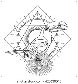 Tropical animals and plants on background with sacred geometry symbol. Outline drawing. Vector illustration. Good for adult coloring book