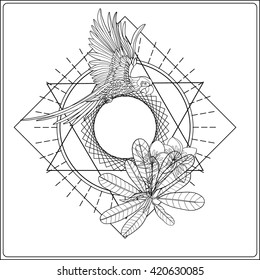 Tropical animals and plants on background with sacred geometry symbol. Outline drawing. Vector illustration. Good for adult coloring book