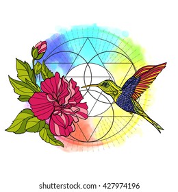 Tropical animals and plants on background with sacred geometry symbol and rainbow watercolor background. Vector illustration.