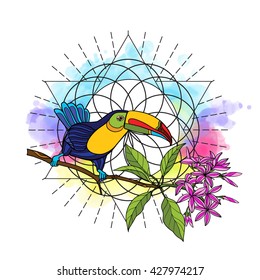 Tropical animals and plants on background with sacred geometry symbol and rainbow watercolor background. Vector illustration.