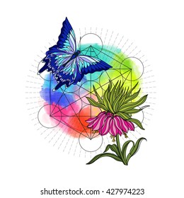 Tropical animals and plants on background with sacred geometry symbol and rainbow watercolor background. Vector illustration.
