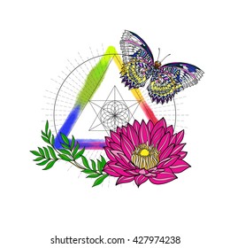 Tropical animals and plants on background with sacred geometry symbol and rainbow watercolor background. Vector illustration.