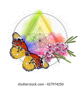 Tropical animals and plants on background with sacred geometry symbol and rainbow watercolor background. Vector illustration.