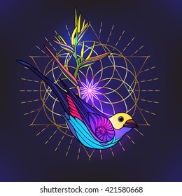 Tropical animals and plants on black background with  gold sacred geometry symbol. Colored vector illustration.