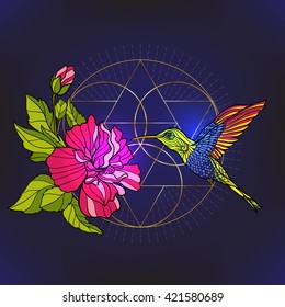 Tropical animals and plants on black background with  gold sacred geometry symbol. Colored vector illustration.