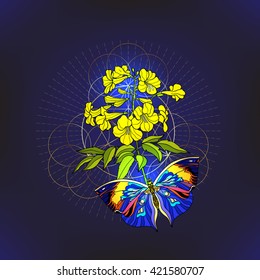 Tropical animals and plants on black background with  gold sacred geometry symbol. Colored vector illustration.