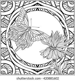 Tropical animals and plants on decorative pattern background. Outline drawing. Vector illustration. Good for adult coloring book