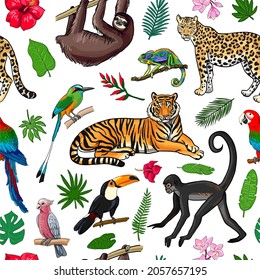 tropical animals and plants seamless pattern white
