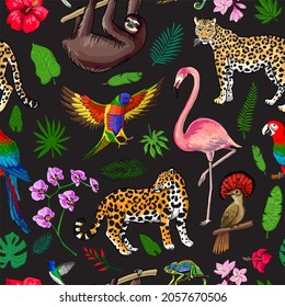 tropical animals and plants seamless pattern black