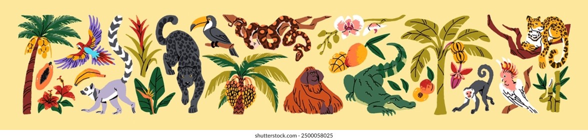 Conjunto de animales y plantas tropicales. Diferentes flora y fauna exótica de la selva: jaguares, monos, cocodrilos, serpientes, palmeras. Pegatinas de la naturaleza de la selva africana. Ilustraciones vectoriales aisladas planas