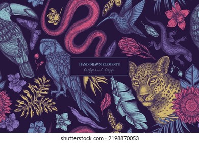 Tropical animals seamless pattern background design. Engraved style. Hand drawn leopard, snake, lizard, hummingbird, toucan, scarlet macaw, rajah brooke's birdwing, african giant swallowtail, monstera