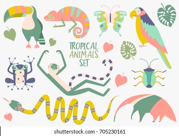 Tropical animals vector set. Cute characters for children's books or cards