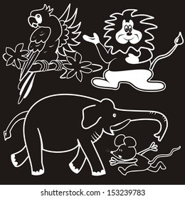 tropical animals, whice contour drawing on black background , silhouette, vector icons, set