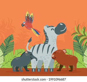 tropical animals zebra tapir parrot