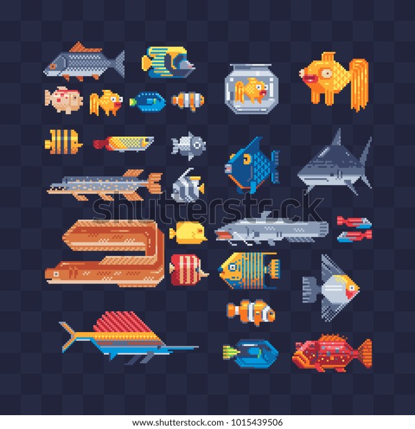 熱帯の水族館魚 海獣の文字 のセット ピクセルアート80sスタイルの分離型ベクターイラスト カートーンフラットスタイルの魚のアイコン モバイルアプリとステッカーのエレメントデザイン ゲームアセット のベクター画像素材 ロイヤリティフリー