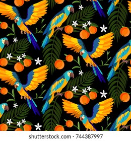 Tropical ara parrot  with oranges fruits seamless pattern.