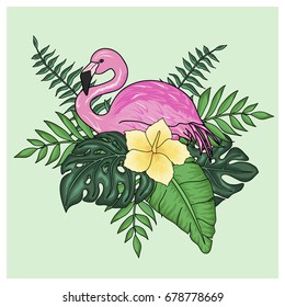 Tropical arrangement with flamingo and flower. Vector illustration