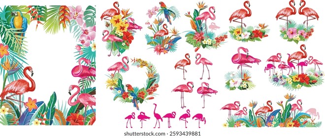 Tropical arrangements from flamingoes, flowers, leaves. Vector summer templates for party invitations, card, poster, banner, and other