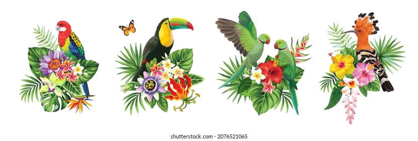 Arreglos tropicales con hojas, flores y pájaros para invitaciones a fiestas y diseños de afiches.