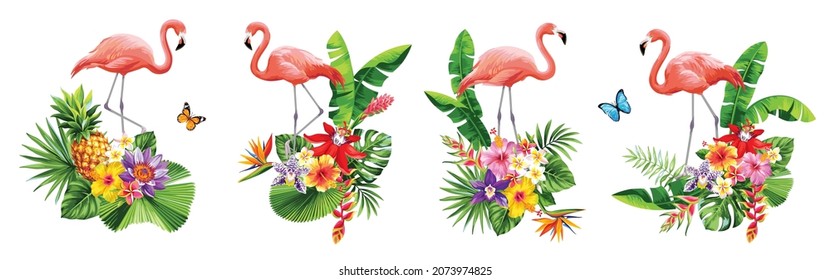 Arreglos tropicales con hojas, flores y flamencos para invitaciones a fiestas y diseños de afiches.