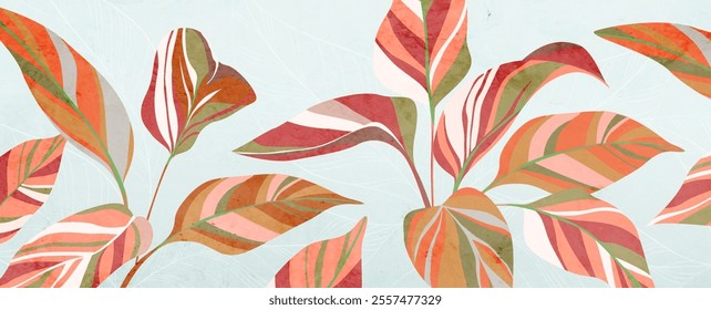 Tropical art background with exotic leaves in pink tones. Botanical banner for decor, print, textile, poster, cover, interior design, wallpaper, packaging.