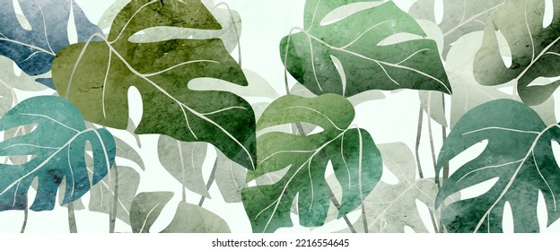 Tropical art background with exotic monstera leaves in a watercolor style. Botanical banner for decoration design, wallpaper, print, interior design, packaging.