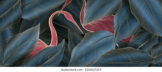 Tropical art background with flamingo birds and leaves of exotic plants with golden elements. Hand drawn vector banner for decor, print, textile, wallpaper, interior design.