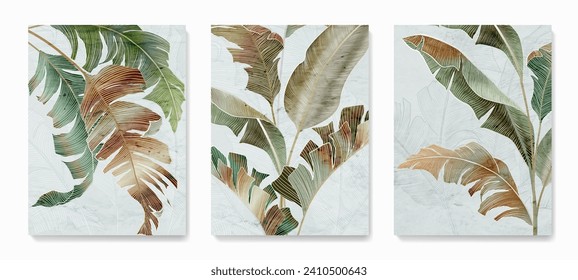 Tropical art background with palm leaves in a watercolor style with line art elements. Botanical set of posters with exotic plants for decoration, print, textiles, interior design.