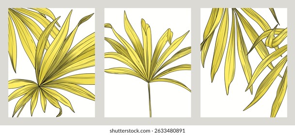 Tropical art background with yellow leaves of exotic plants with elements of hand-drawn line. Botanical set for decor, print, wallpaper, textile, packaging, poster, banner, interior.