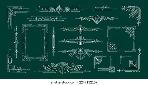 Tropical art deco. Vintage frames with natural motifs, geometric lines ornaments dividers and corners with elegant leaves vector set. Jungle foliage elements. Borders wit exotic outline