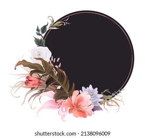 Tropical art, Wedding invitation frame set; flowers, leaves, watercolor. Sketched wreath, floral and herbs garland with green, palm leaves. Handdrawn Vector Watercolour style, nature art.