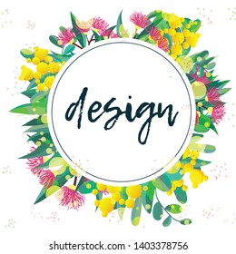 Tropical australian nature background. Vector illustration of eucalyptus leaves and flowers, blooming gum on white. Circle design template wreath for cards, invitations, banners, flyers