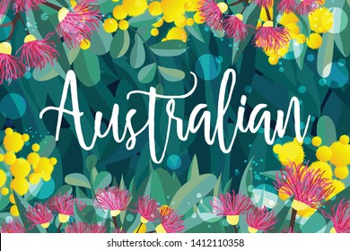 Tropical Australian Nature Background. Vector Illustration Of Eucalyptus Leaves And Flowers, Blooming Gum On Dark Backdrop. Horizontal Design Template For Cards, Invitations, Banners, Flyers