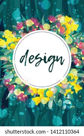 Tropical australian nature background. Vector illustration of eucalyptus leaves and flowers, blooming gum on dark backdrop. Circle design template wreath for cards, invitations, banners, flyers