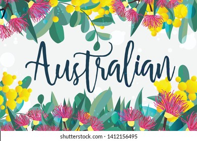 Tropical australian nature background. Vector illustration of eucalyptus leaves and flowers, blooming gum on white backdrop. Horizontal design template for cards, invitations, banners, flyers svg