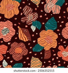Tropical autumn floral seamless pattern with linear texture on the leaves and flowers, jaguar spots. Abstract vector fall repeat background, dark exotic print, hand drawn wallpaper, textile design.
