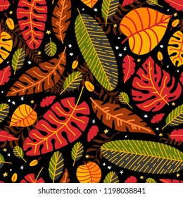 Tropical autumn leaves. Floral vector illustration. Exotic jungle background. Trend graphics. Seamless pattern with fall leaves. Forest background. Colors of harvest