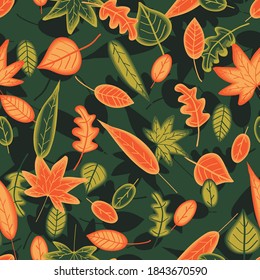 Tropical autumn leaves pattern in green and orange colors. Vector seamless pattern design for textile, fashion, paper, packaging and branding. 