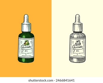 Tropical avocado. Cosmetics for skin care. Organic oil in the bottle. Evergreen fruit plant. Isolated Vector hand drawn. Vintage template for design. Engraved monochrome sketch