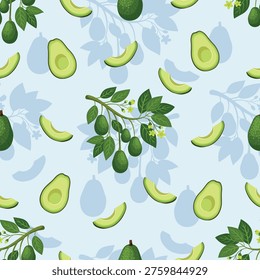 Tropical avocado pattern with branches leaves and sliced fruits
