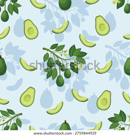 Tropical avocado pattern with branches leaves and sliced fruits