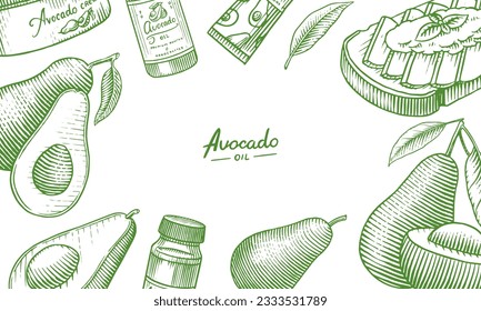 Tropical avocado. Set of evergreen fruit plant. Cosmetics for skin care. Organic oil in the bottle. Background or poster or banner. Isolated Vector hand drawn. Engraved Vintage template for design.